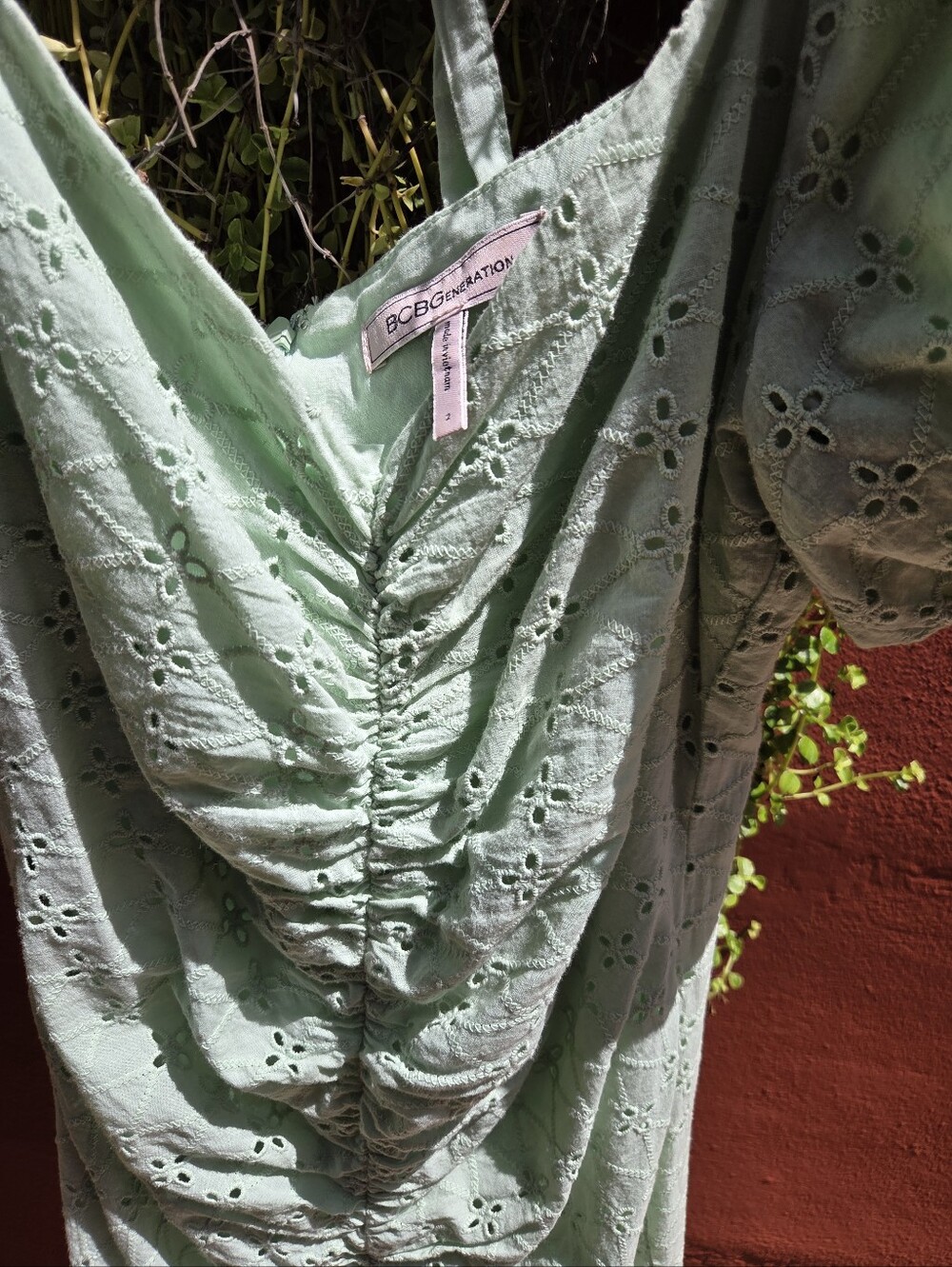 BCBGeneration Mint Green Eyelet Ruched V-Neck Tunic